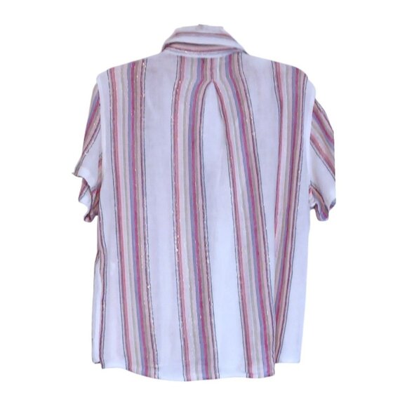 Rails Linen Blend Shirt M Crop Gold Trimmed Striped Gauzy Coastal Fairy Pastel - Picture 7 of 13